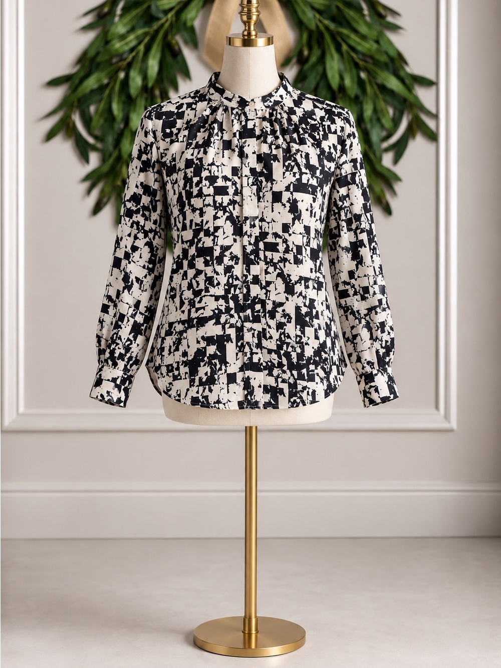 Prologue Black Ivory Teal Abstract Geometric Long Sleeve Blouse Medium Career